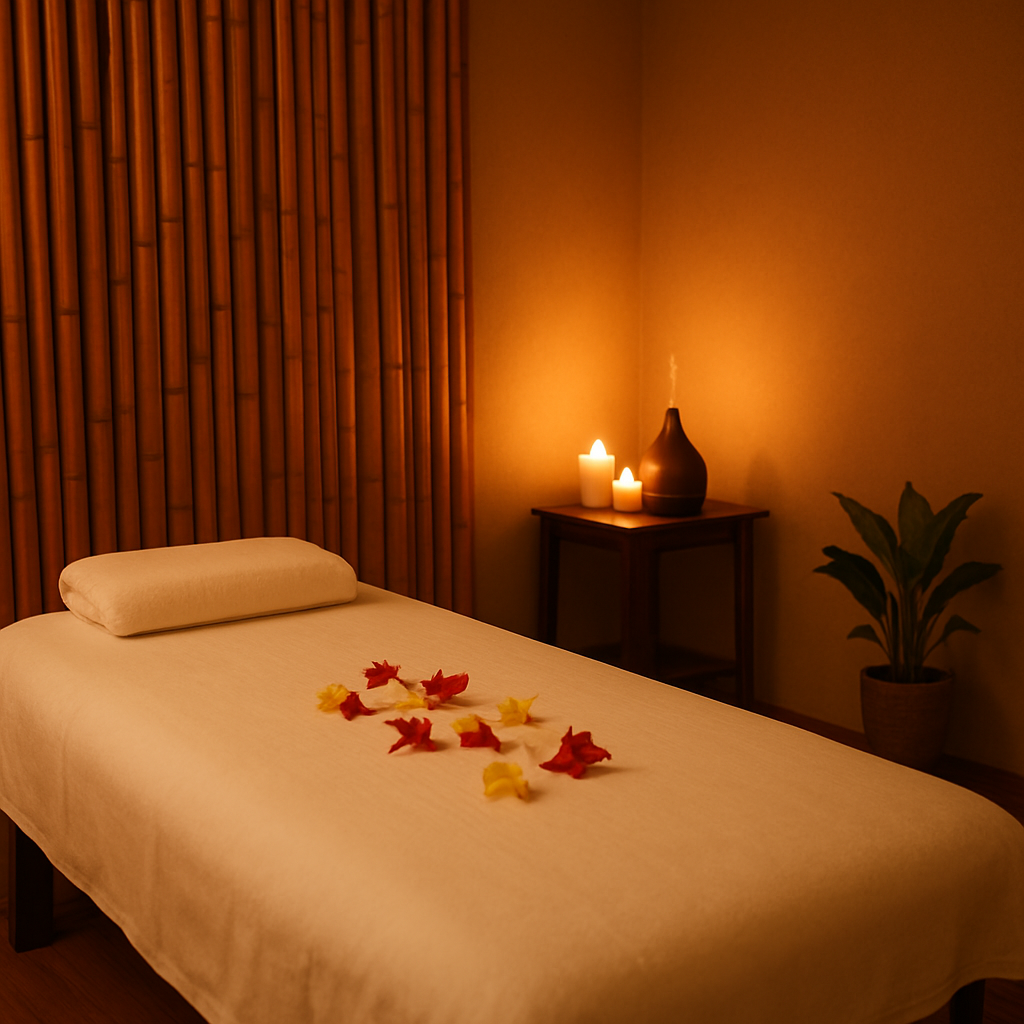 Serene massage therapy room with tropical decor, white linens and candlelight at Filo Massage Darwin