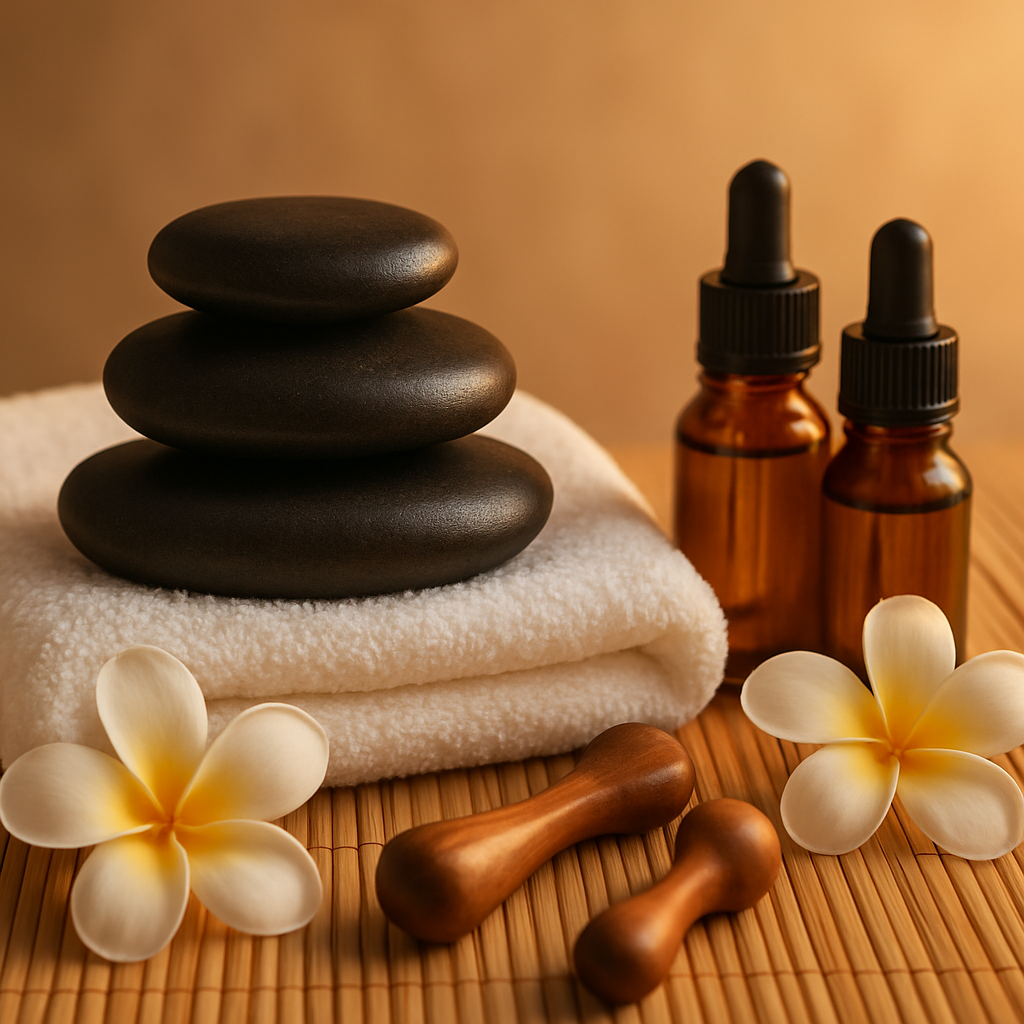 Massage therapy service with hot stones and tropical flowers at Filo Massage Darwin